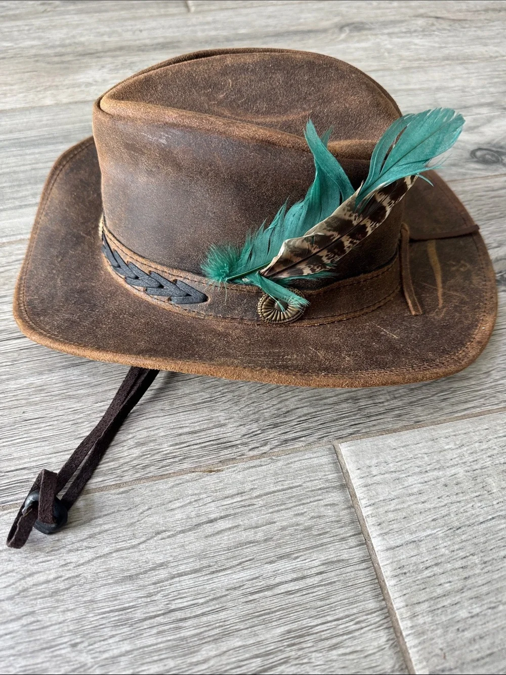 Brown Leather Western cowboy Hat with Feather Accent